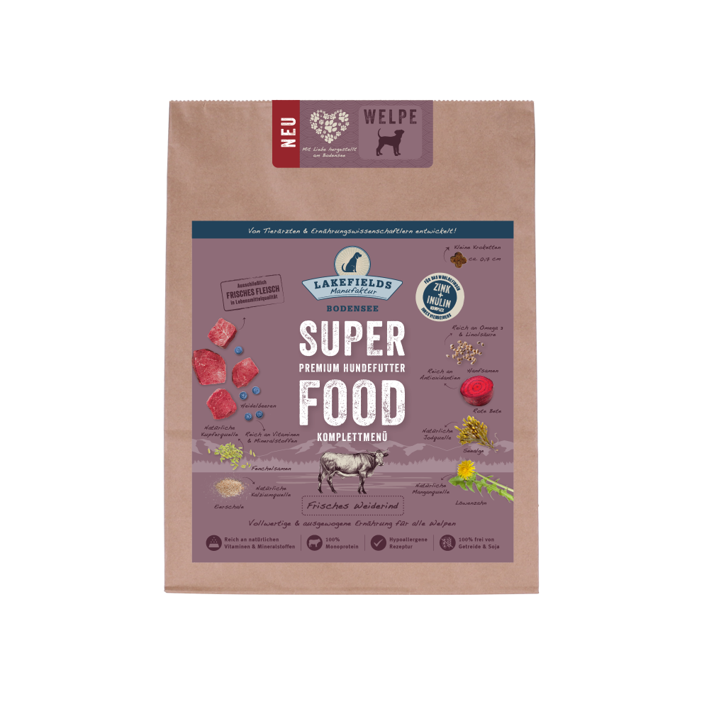 Lakefields Premium SUPERFOOD RIND für Welpen, die Trockenfutter-Sensation für Ihren Hund