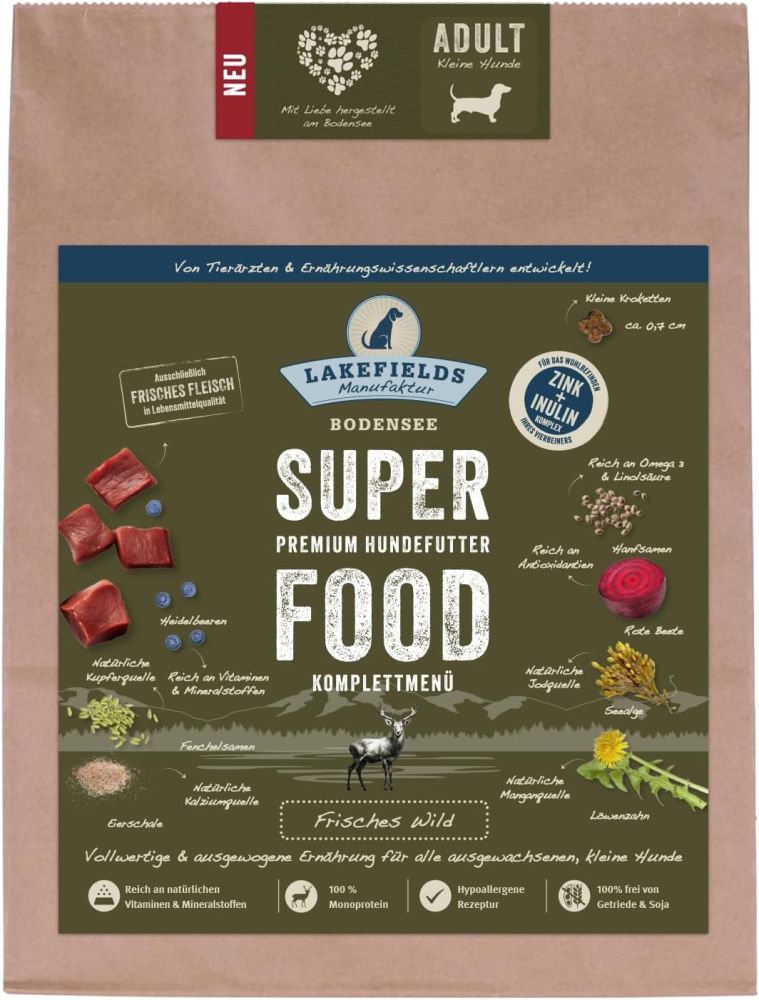 LAKEFIELDS MANUFAKTUR - SUPERFOOD - Premium Hundefutter trocken, Wild 61%, für kleine ausgewachsene