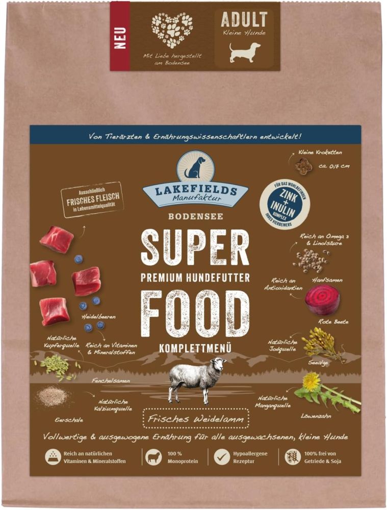 LAKEFIELDS MANUFAKTUR - SUPERFOOD - Premium Hundefutter trocken, Lamm 61% für kleine ausgewachsene H