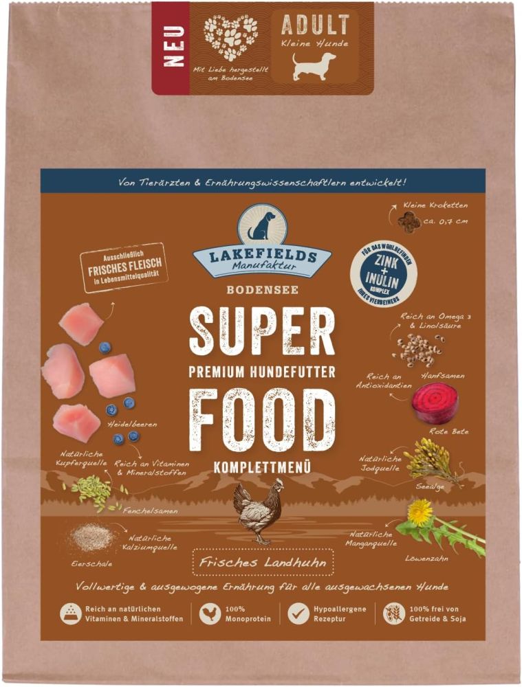 LAKEFIELDS MANUFAKTUR - SUPER Food - Premium Hundefutter trocken, Huhn 1kg für kleine ausgewachsene